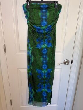 Women’s Strapless Green & Blue Tie-Dye Maxi Dress slit on one side NWT